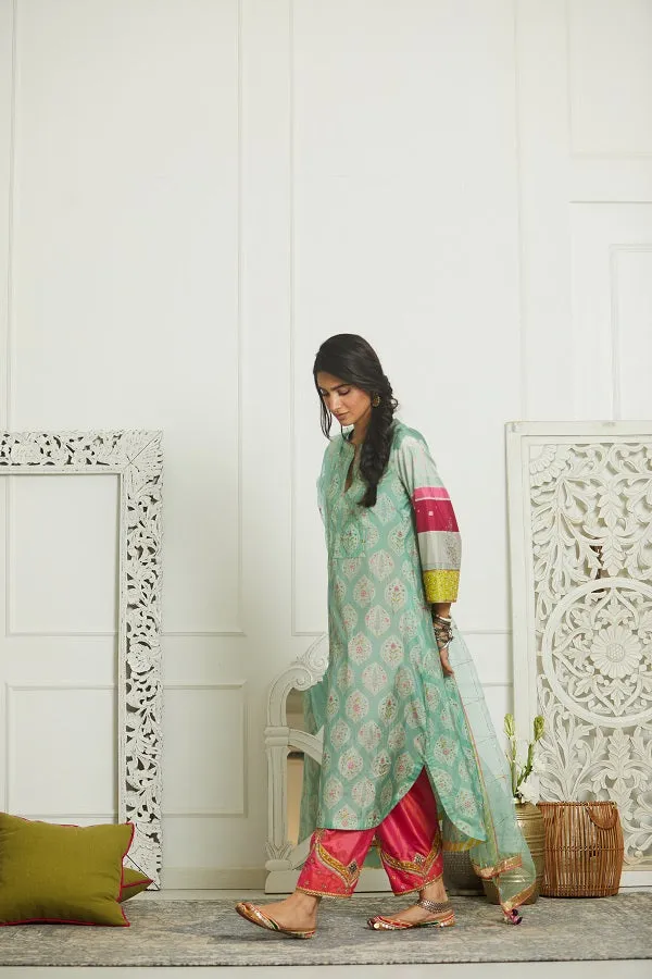 Raji Ramniq Mehezebeen Collection Blue Pink Printed Silk Kurta Palazzo Dupatta Mb-118