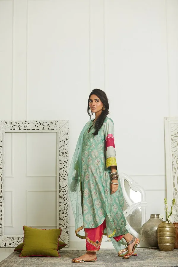 Raji Ramniq Mehezebeen Collection Blue Pink Printed Silk Kurta Palazzo Dupatta Mb-118