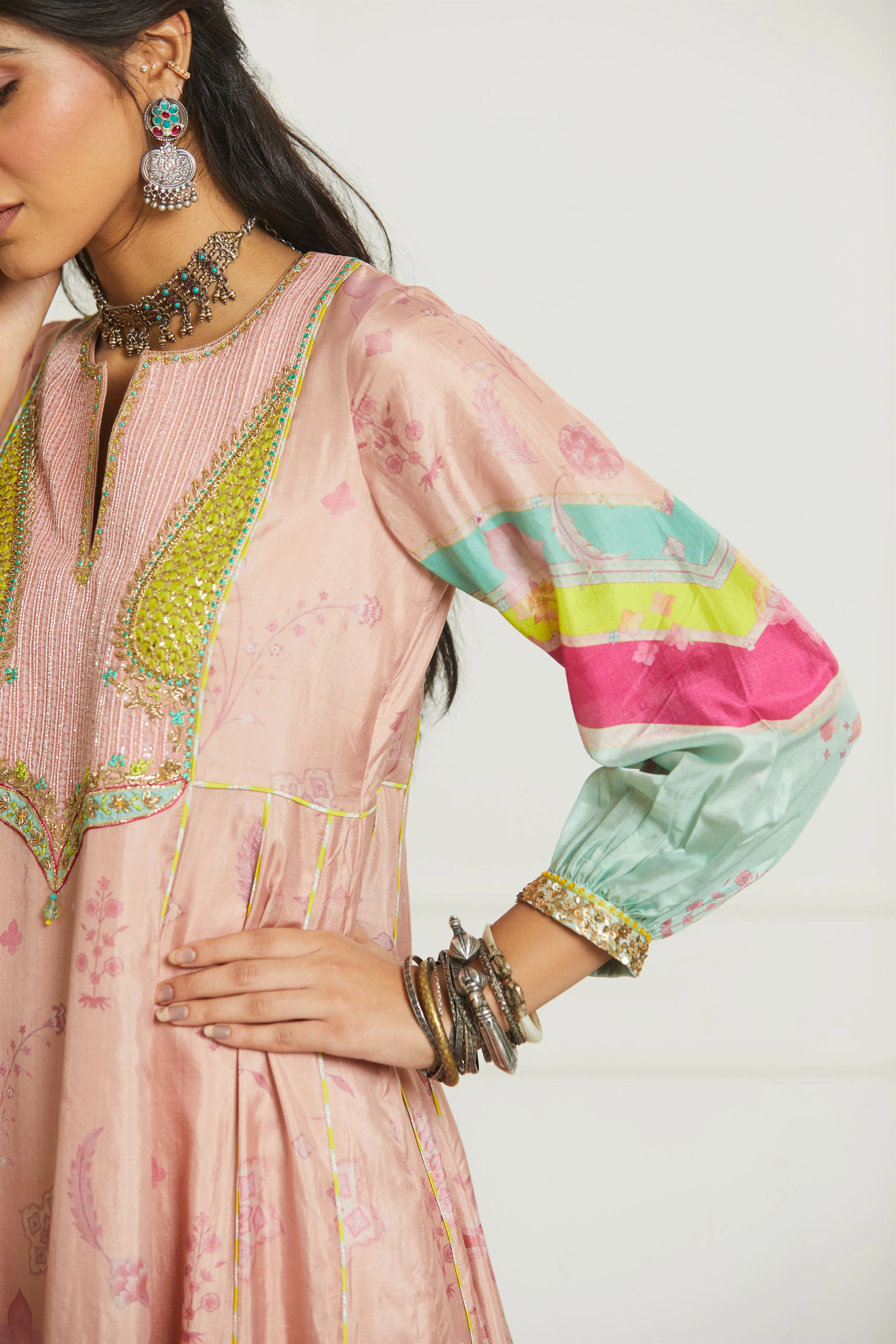 Raji Ramniq Mehezebeen Collection Nude Pink Lime Kurta Palazzo Dupatta Mb-110