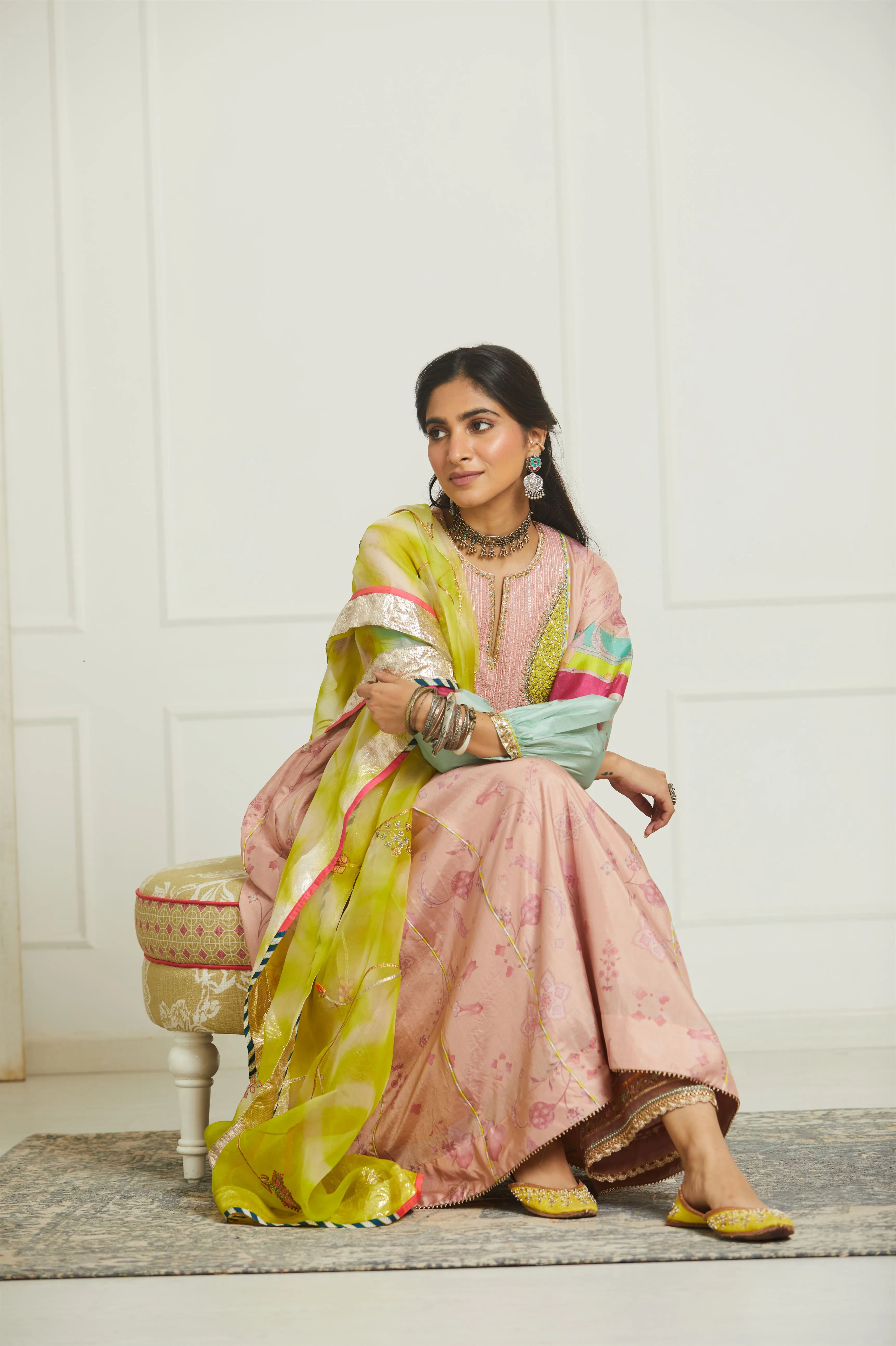 Raji Ramniq Mehezebeen Collection Nude Pink Lime Kurta Palazzo Dupatta Mb-110