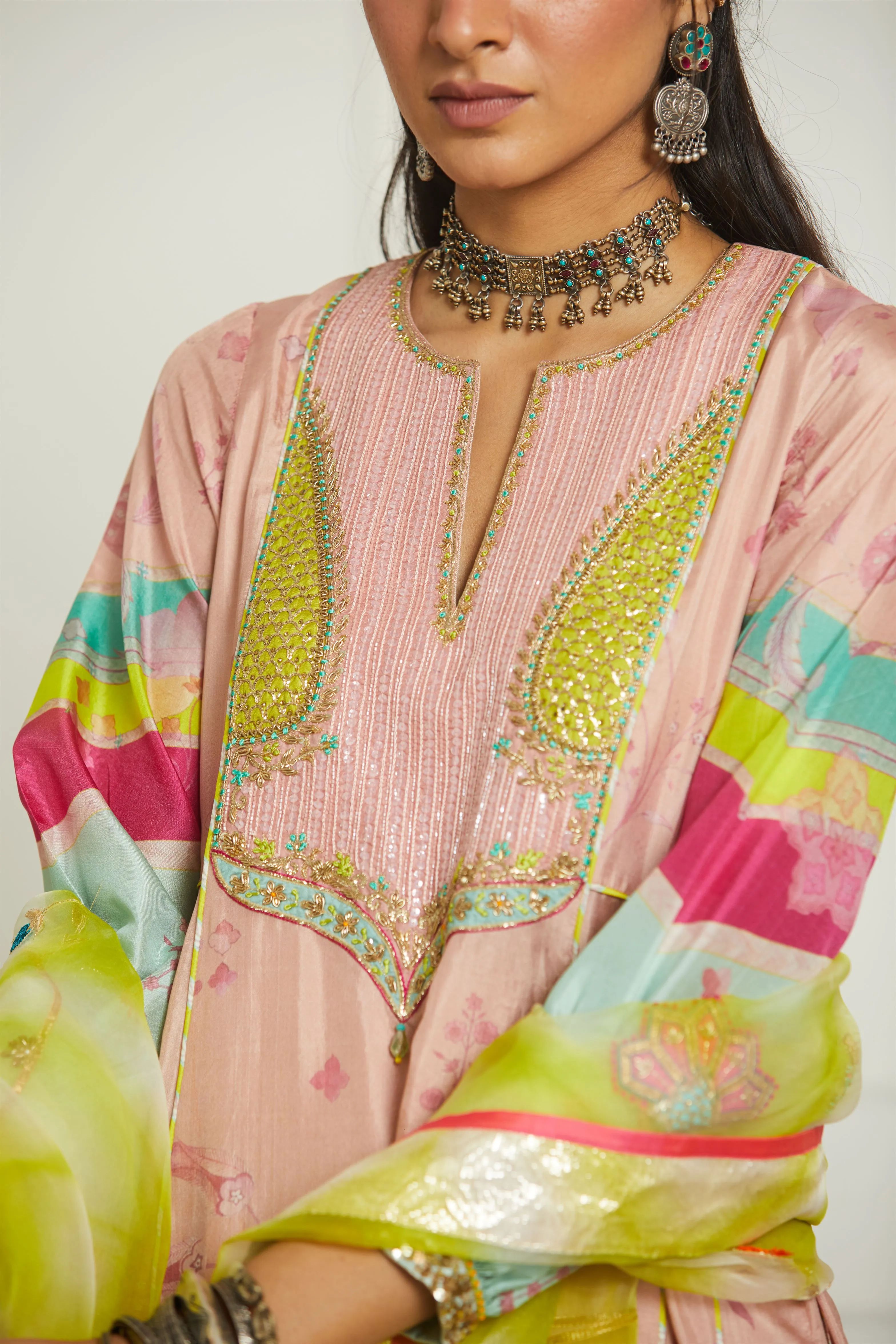 Raji Ramniq Mehezebeen Collection Nude Pink Lime Kurta Palazzo Dupatta Mb-110