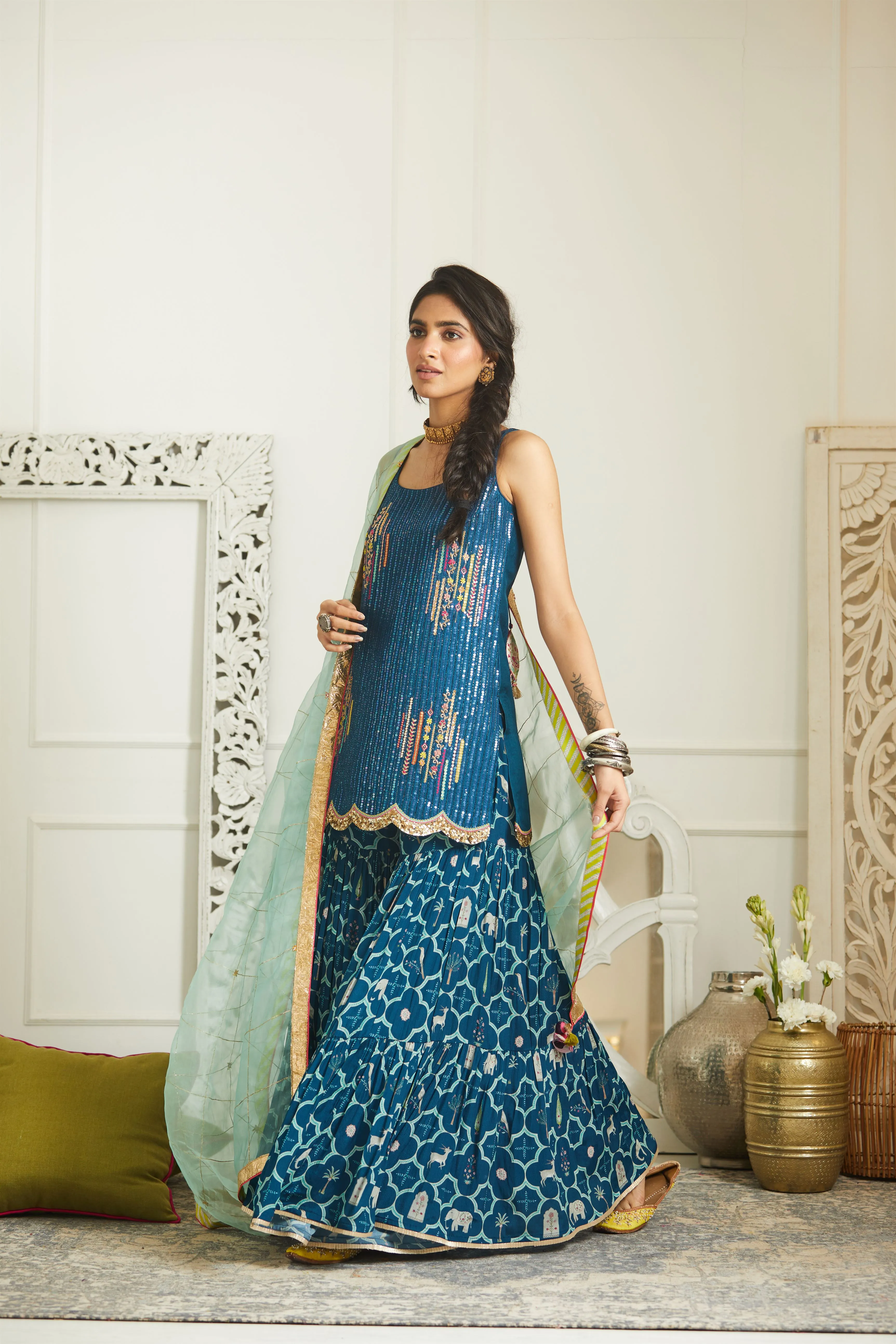 Raji Ramniq Mehezebeen Collection Teal Blue Sequin Kurta Gharara Dupatta Mb-115