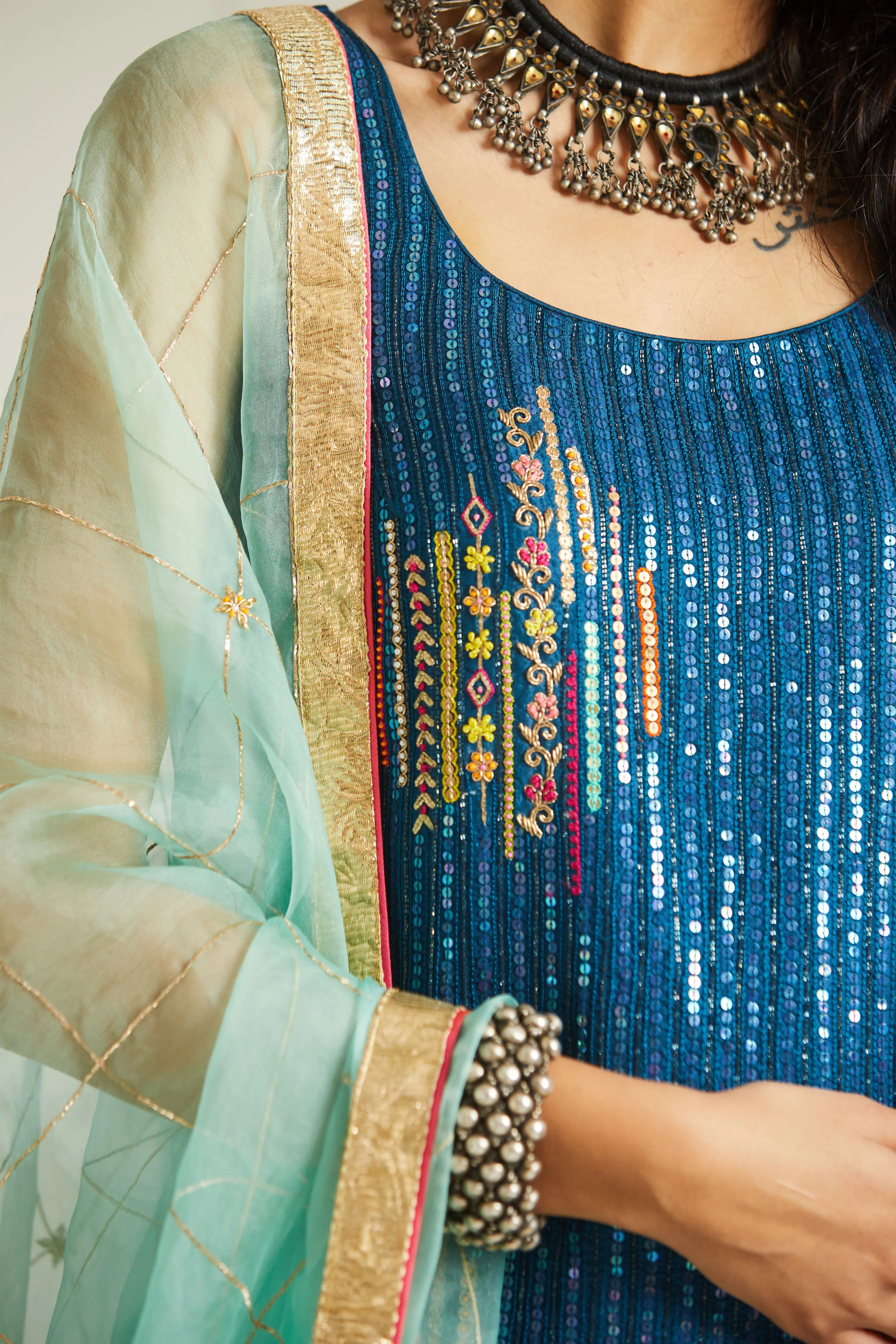 Raji Ramniq Mehezebeen Collection Teal Blue Sequin Kurta Gharara Dupatta Mb-115
