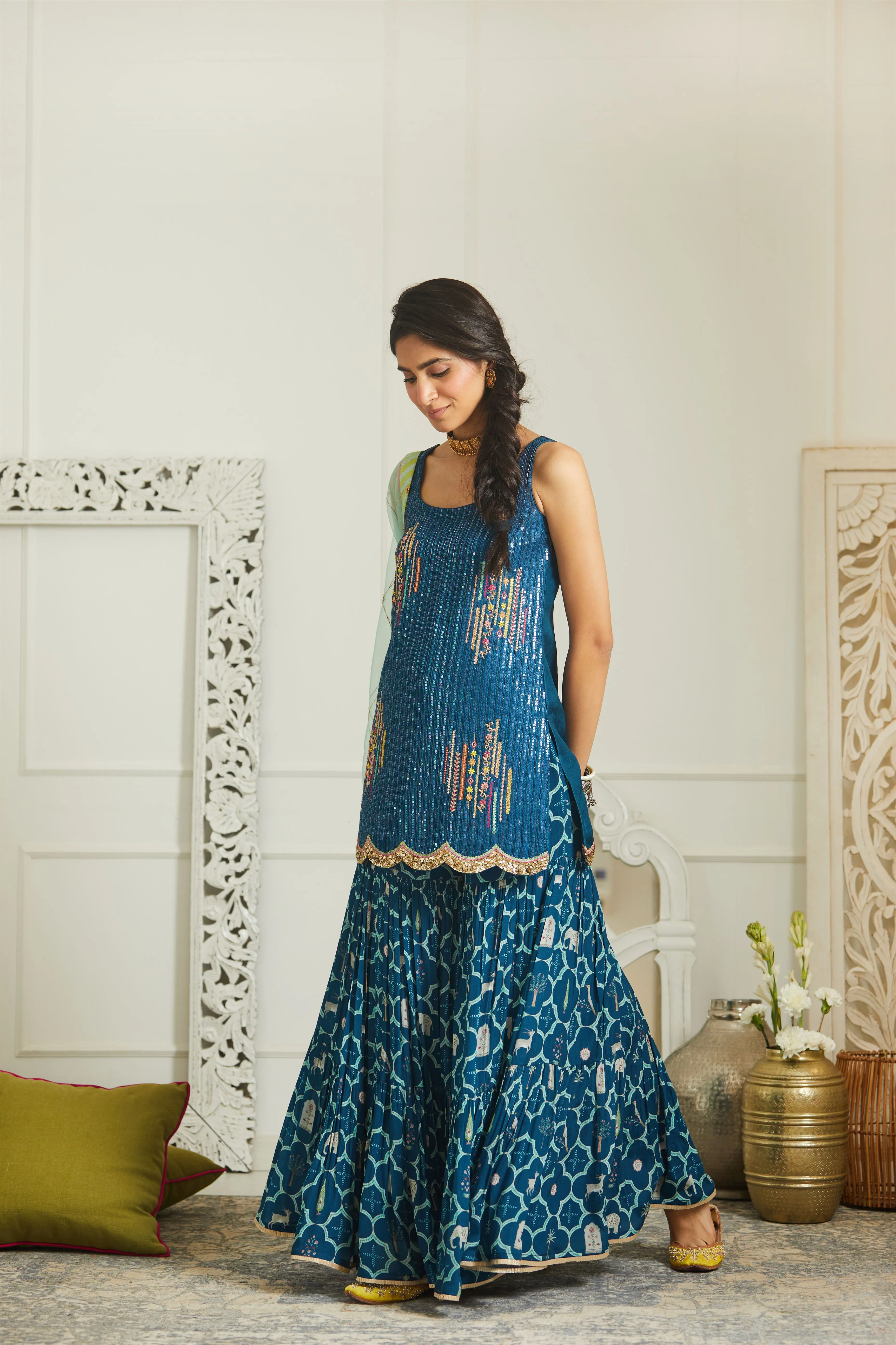 Raji Ramniq Mehezebeen Collection Teal Blue Sequin Kurta Gharara Dupatta Mb-115