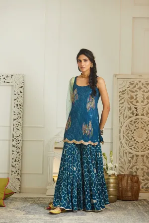 Raji Ramniq Mehezebeen Collection Teal Blue Sequin Kurta Gharara Dupatta Mb-115