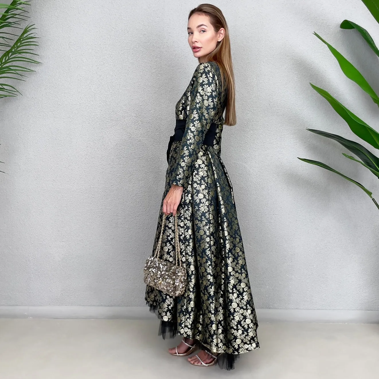 RAM23 MARIE BLACK & GOLD BROCADE DRESS