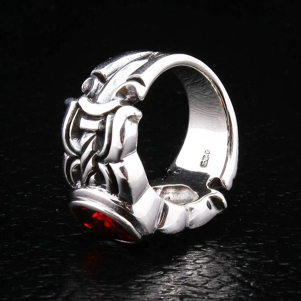 Red Garnet Sterling Silver Medieval Sword Ring