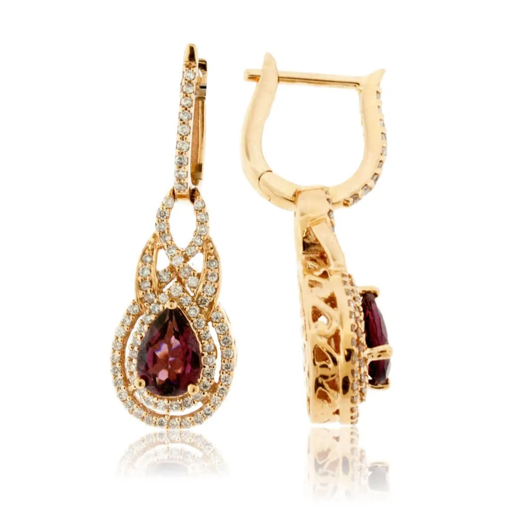 Rhodolite Garnet & Diamond Dangle Earrings