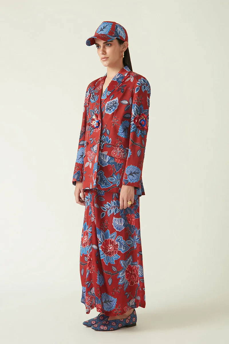 Rockefeller Holidays I  Wokam Printed Jacket with Embellishments Linen Satin Red/Navy  Java collection 7JV-53