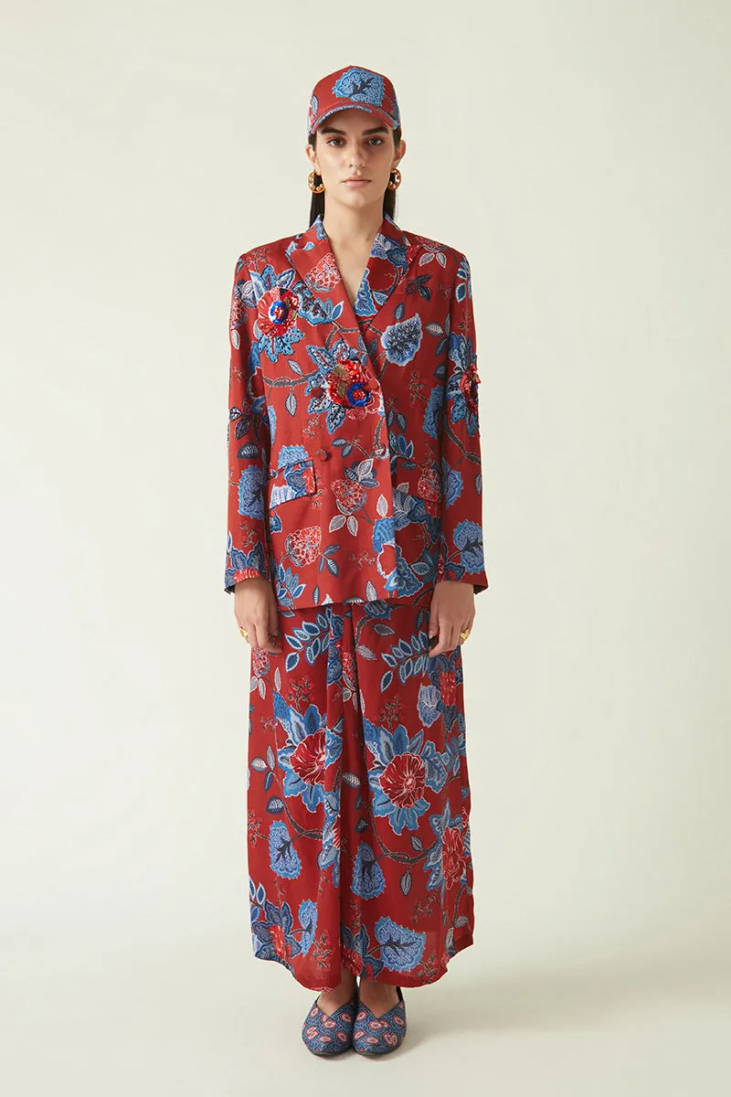 Rockefeller Holidays I  Wokam Printed Jacket with Embellishments Linen Satin Red/Navy  Java collection 7JV-53