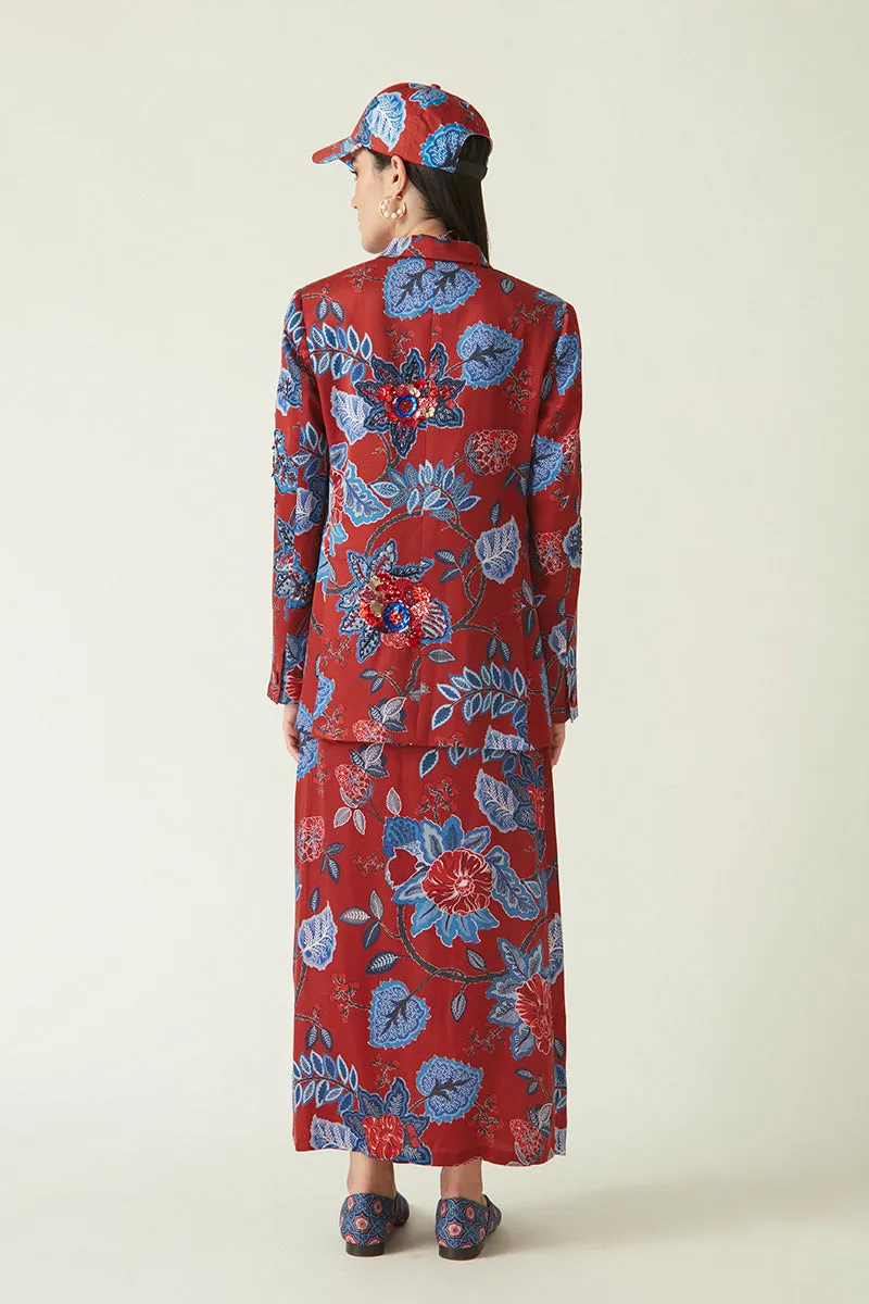 Rockefeller Holidays I  Wokam Printed Jacket with Embellishments Linen Satin Red/Navy  Java collection 7JV-53