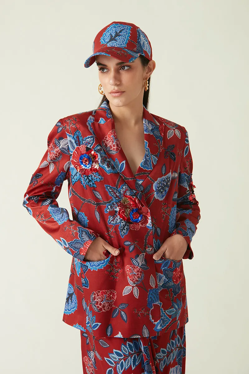 Rockefeller Holidays I  Wokam Printed Jacket with Embellishments Linen Satin Red/Navy  Java collection 7JV-53