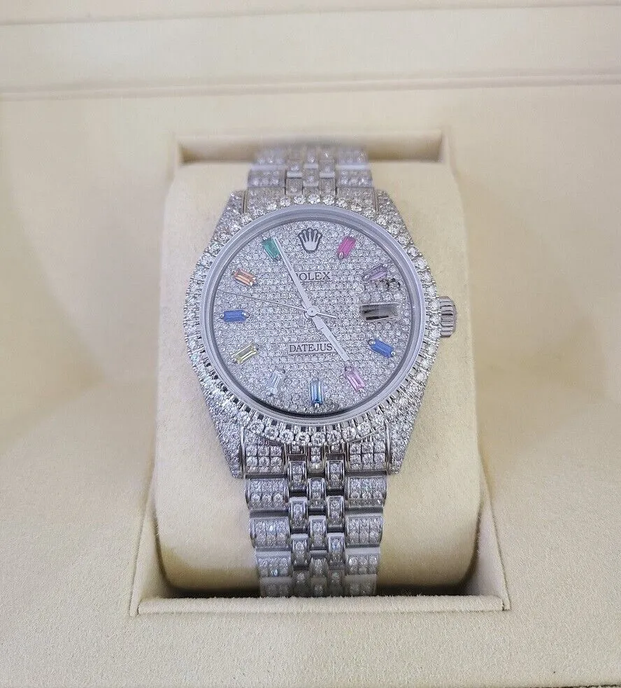 ROLEX Mens Datejust Rainbow Dial Iced Out Fully Load Genuine Diamonds 36mm Watch