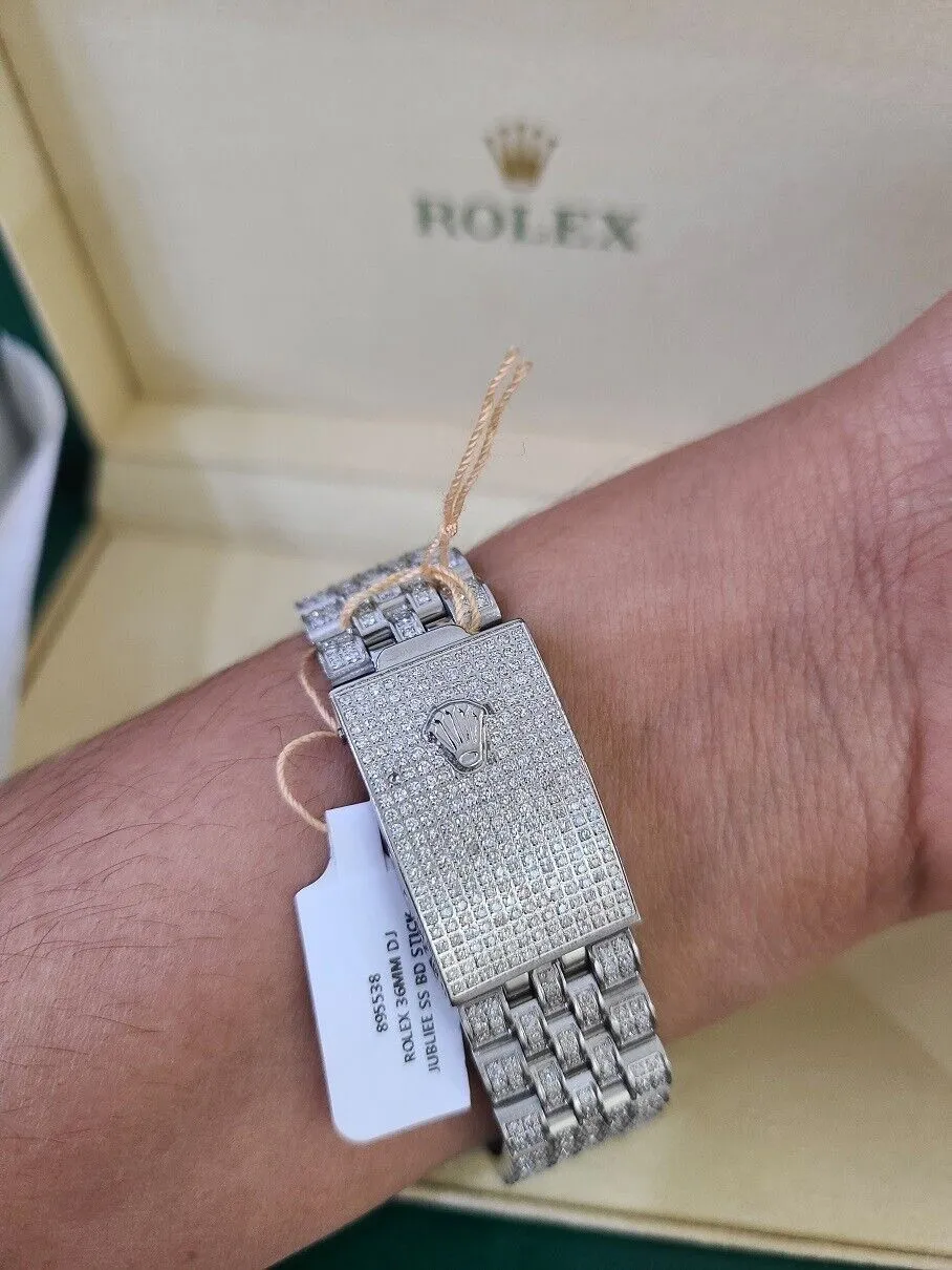 ROLEX Mens Datejust Rainbow Dial Iced Out Fully Load Genuine Diamonds 36mm Watch