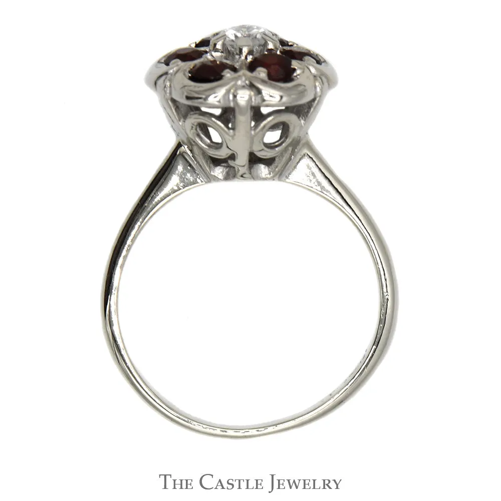 Round Shaped Garnet Cluster Ring with Round Diamond Center in 14k White Gold
