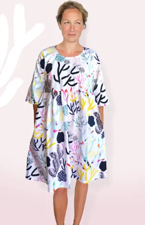 SALE White Coral Garden 100% Organic Cotton Pleated Dress