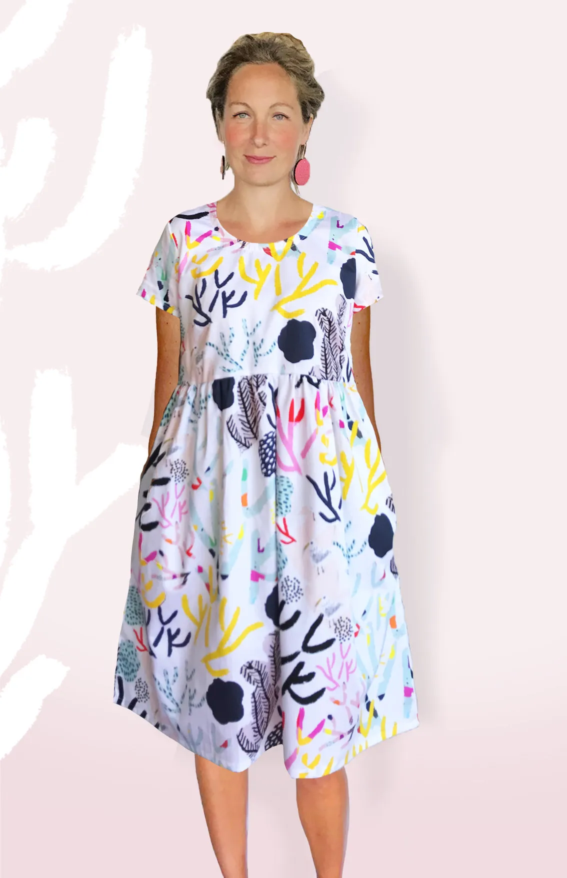 SALE White Coral Garden 100% Organic Cotton Pleated Dress