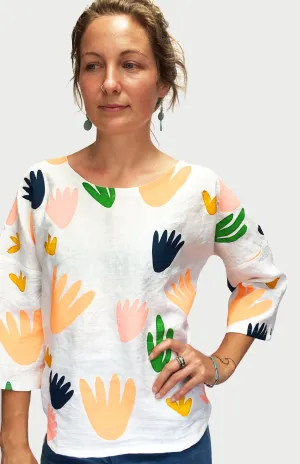 Screen Printed Blooming Cacti 100% linen top (cap sleeves only left)