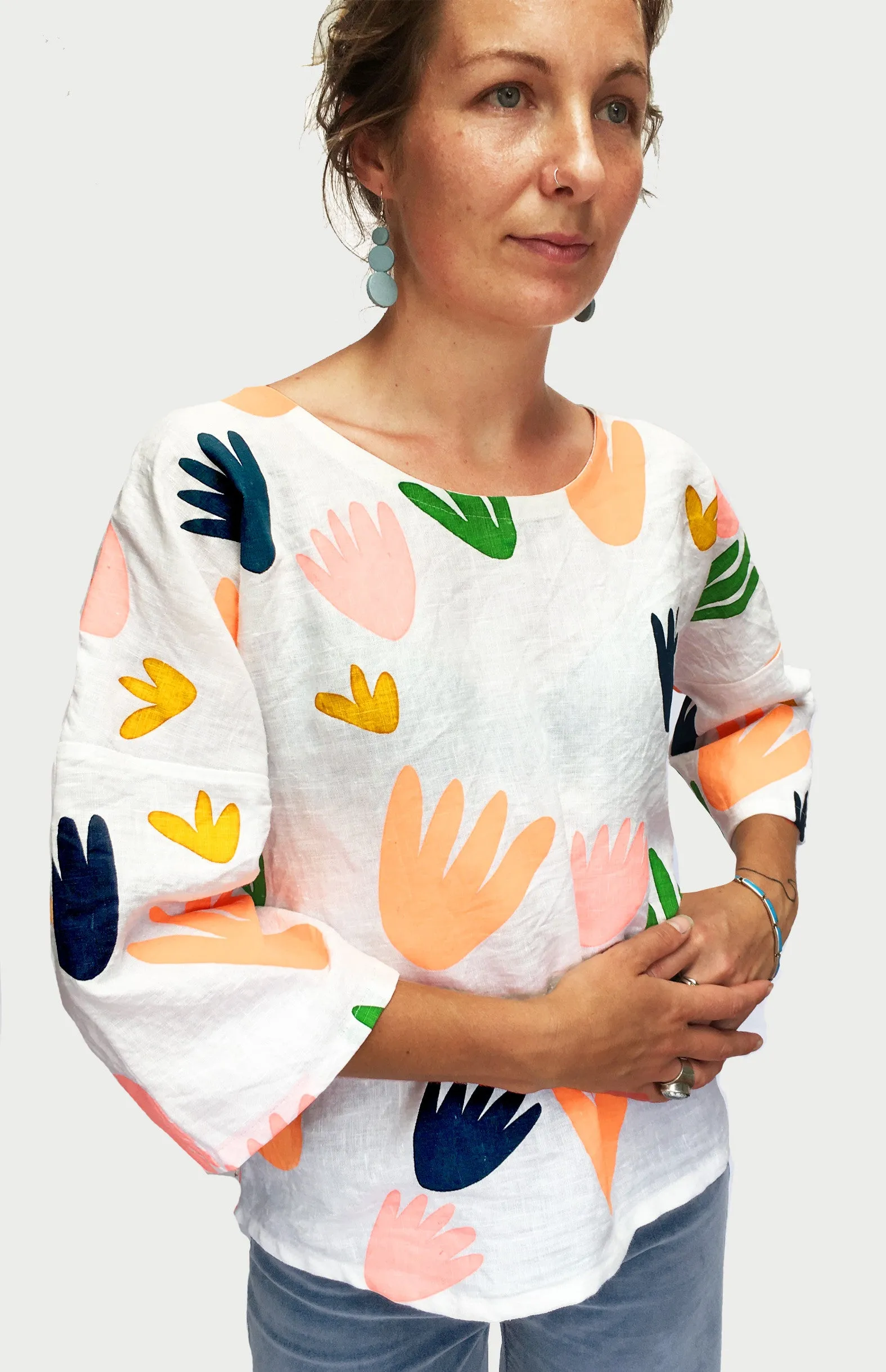 Screen Printed Blooming Cacti 100% linen top (cap sleeves only left)