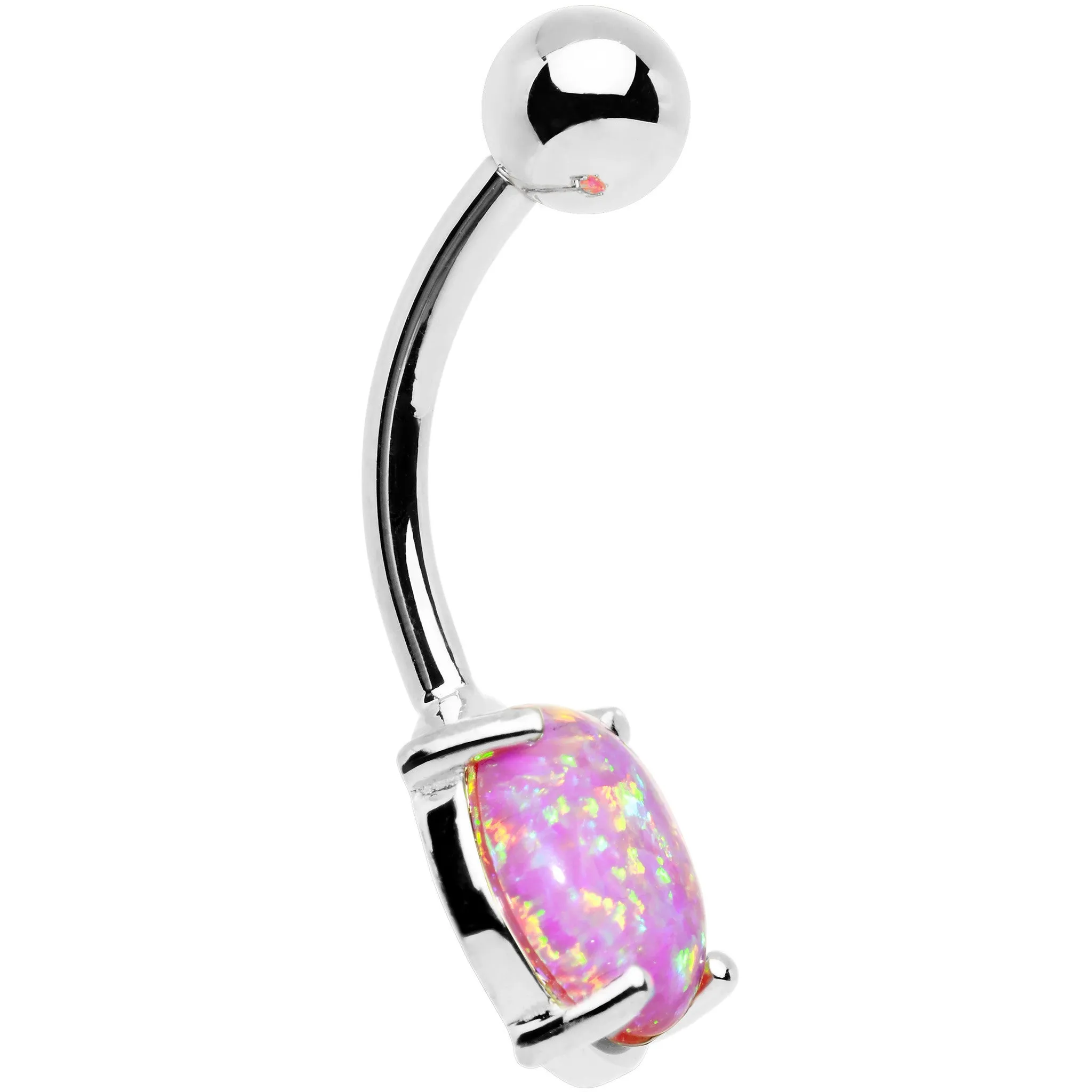 Solid 14kt White Gold 8mm Fuchsia Synthetic Opal Belly Ring