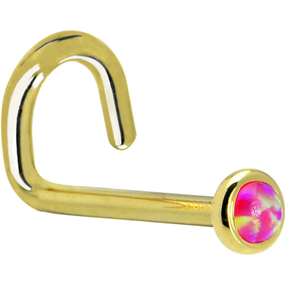 Solid 14KT Yellow Gold 2mm Brilliant Pink Synthetic Opal Nose Ring