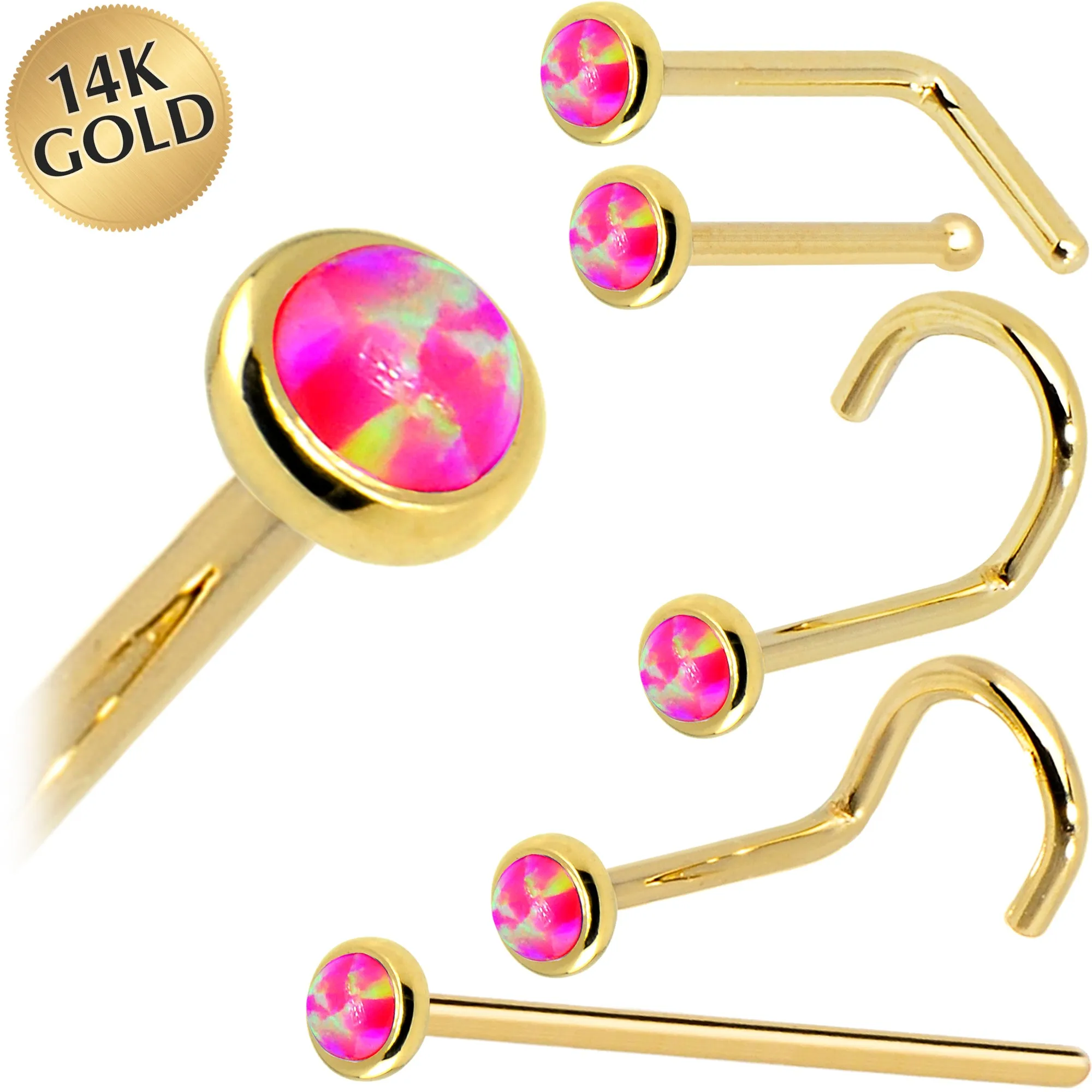 Solid 14KT Yellow Gold 2mm Brilliant Pink Synthetic Opal Nose Ring