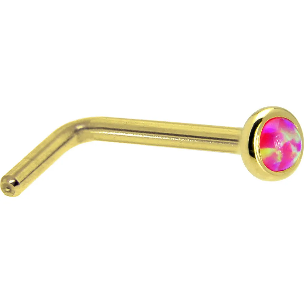 Solid 14KT Yellow Gold 2mm Brilliant Pink Synthetic Opal Nose Ring