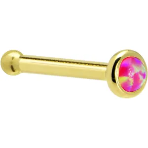 Solid 14KT Yellow Gold 2mm Brilliant Pink Synthetic Opal Nose Ring