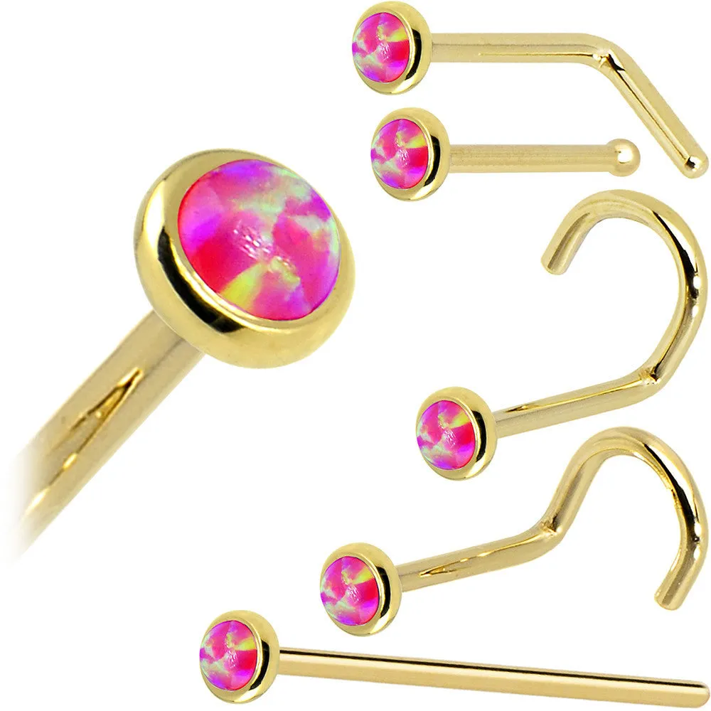 Solid 14KT Yellow Gold 2mm Brilliant Pink Synthetic Opal Nose Ring
