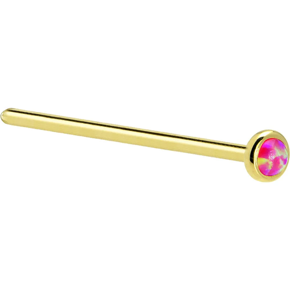 Solid 14KT Yellow Gold 2mm Brilliant Pink Synthetic Opal Nose Ring