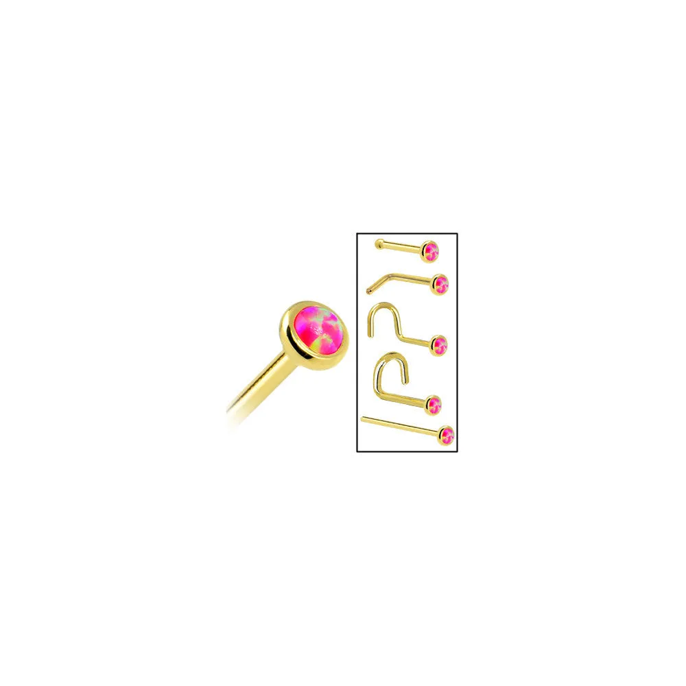 Solid 14KT Yellow Gold 2mm Brilliant Pink Synthetic Opal Nose Ring