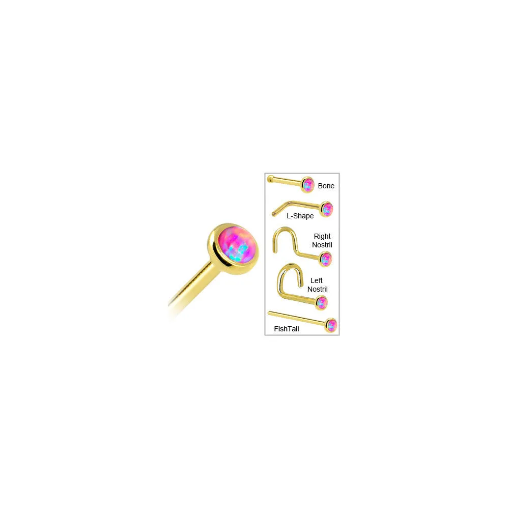 Solid 14KT Yellow Gold 2mm Fuchsia Synthetic Opal Nose Ring