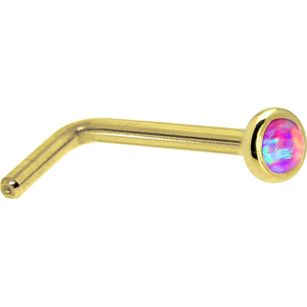 Solid 14KT Yellow Gold 2mm Fuchsia Synthetic Opal Nose Ring