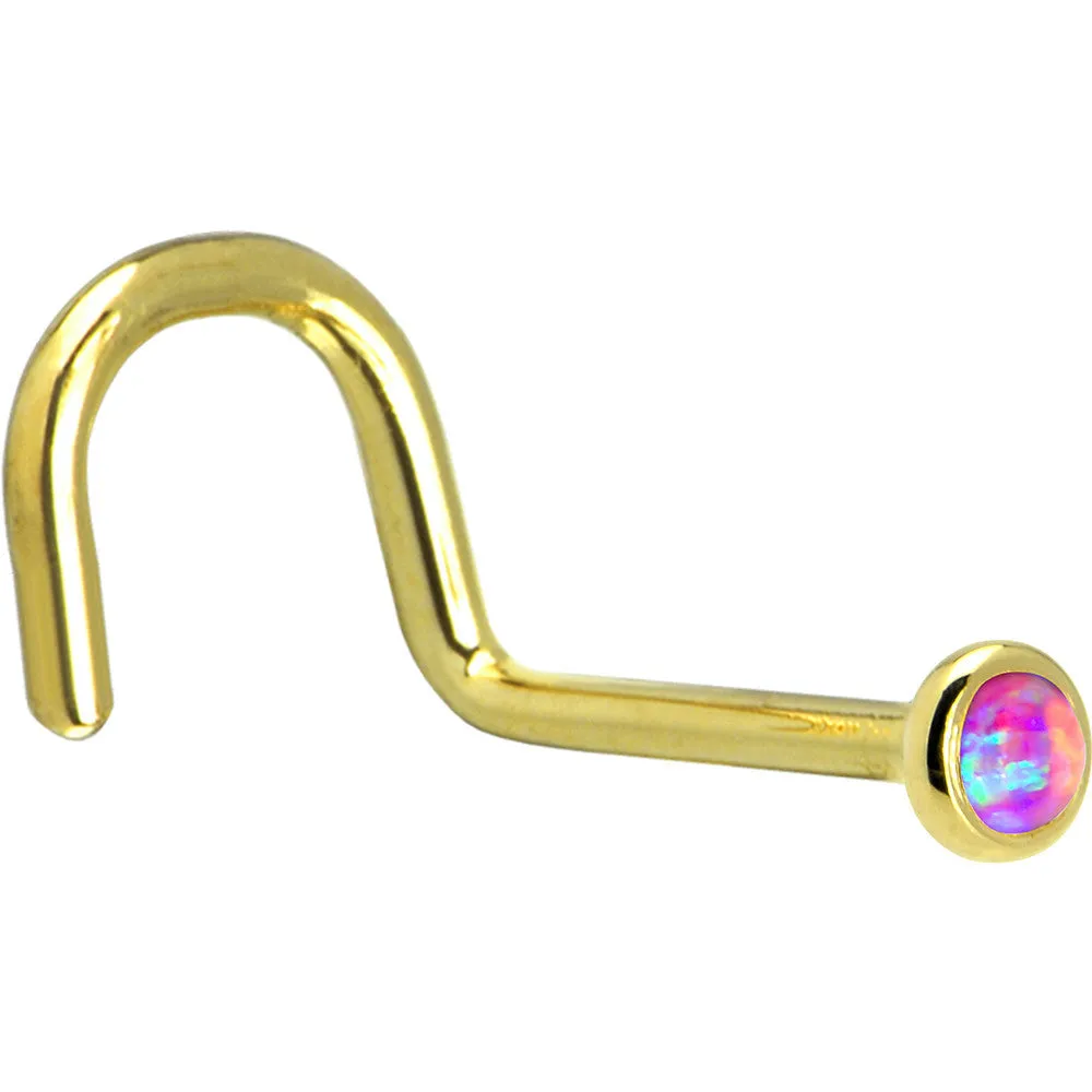Solid 14KT Yellow Gold 2mm Fuchsia Synthetic Opal Nose Ring