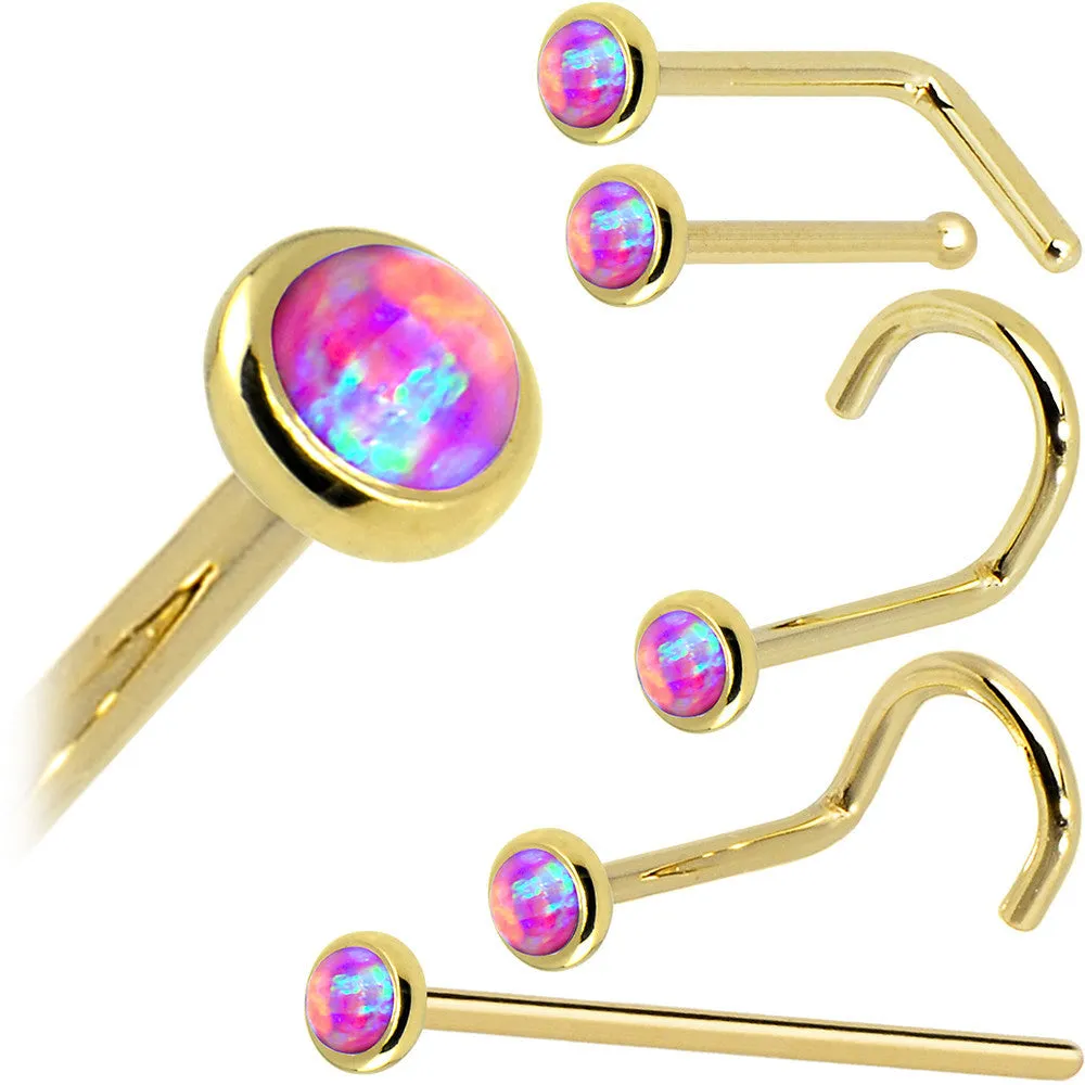 Solid 14KT Yellow Gold 2mm Fuchsia Synthetic Opal Nose Ring