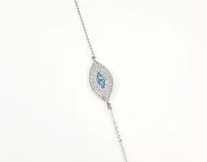 Sterling Silver Classic Evil Eye Bracelet Rhodium Plated (Aqua Stones)