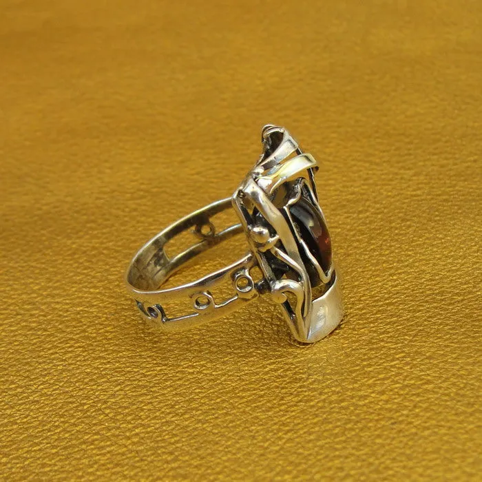 Sterling silver, Yellow Gold and  Red Garnet Ring (MS)