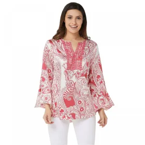 Susan Graver Women's Printed Stretch Woven Blouse with Crochet Trim