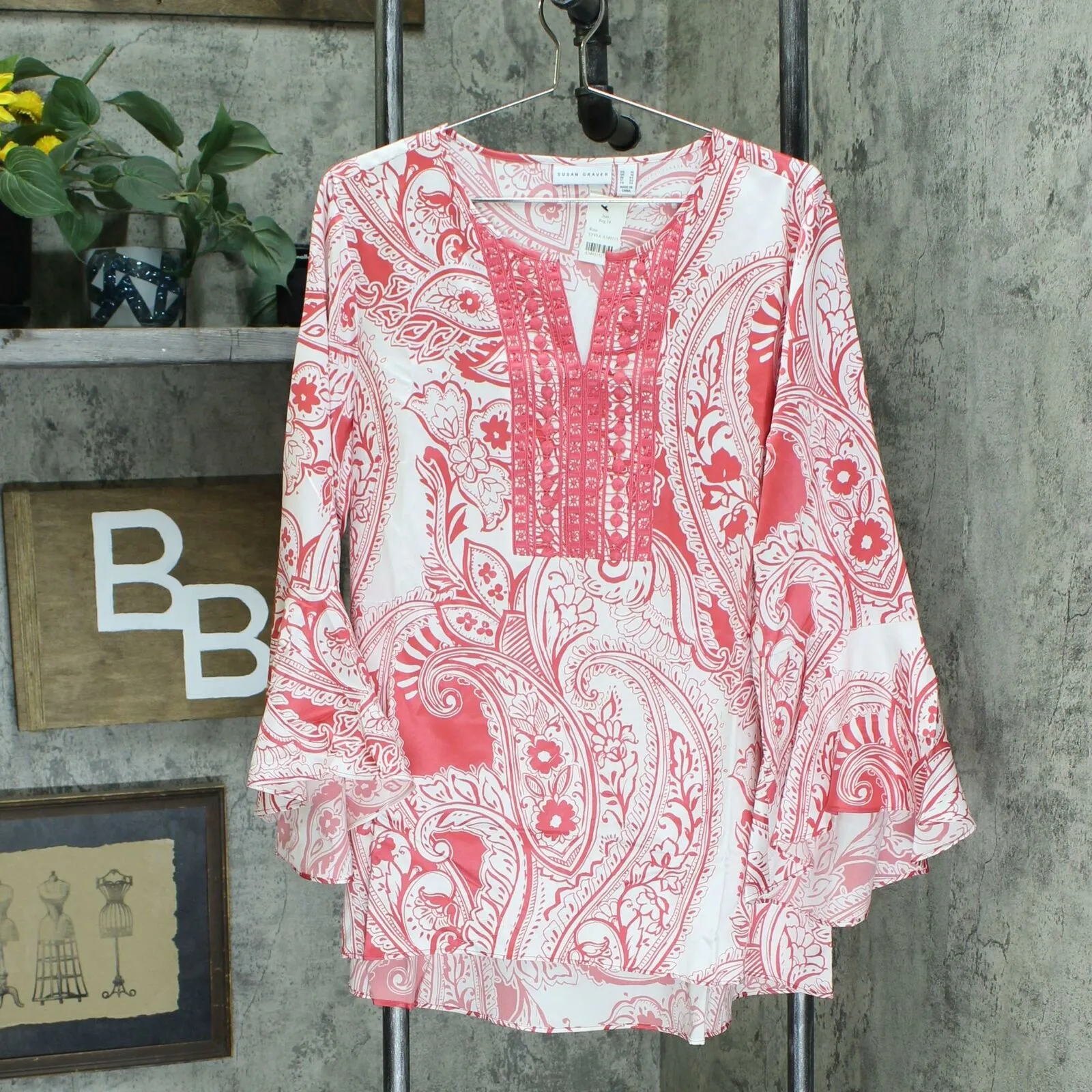Susan Graver Women's Printed Stretch Woven Blouse with Crochet Trim