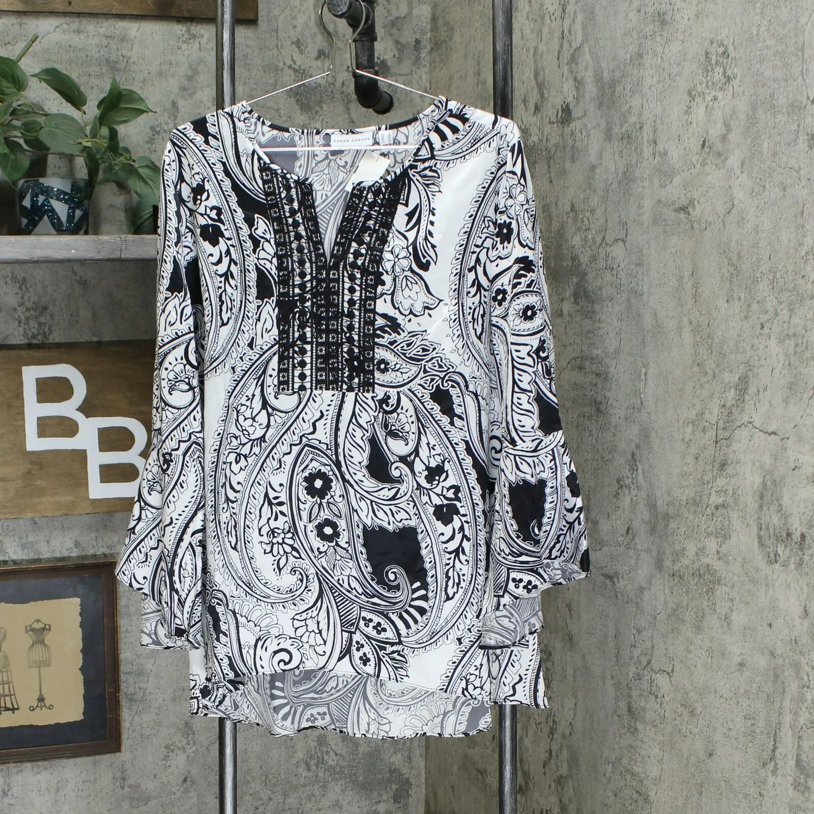 Susan Graver Women's Printed Stretch Woven Blouse with Crochet Trim