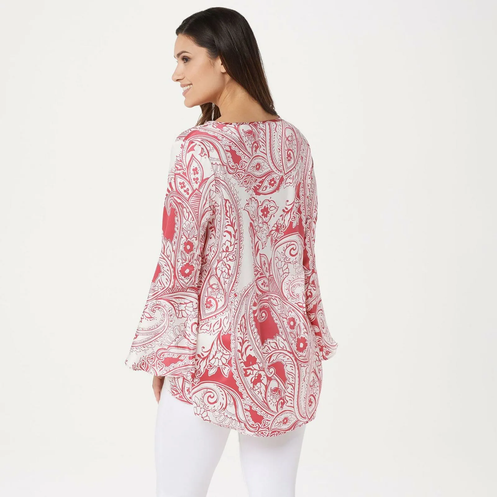 Susan Graver Women's Printed Stretch Woven Blouse with Crochet Trim