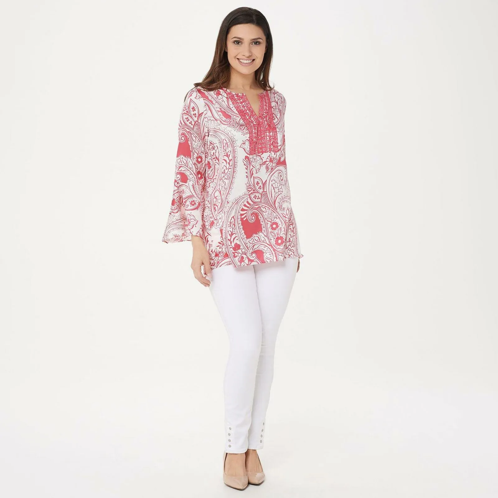 Susan Graver Women's Printed Stretch Woven Blouse with Crochet Trim