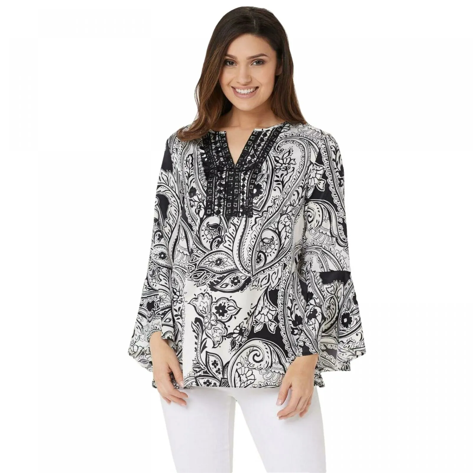 Susan Graver Women's Printed Stretch Woven Blouse with Crochet Trim