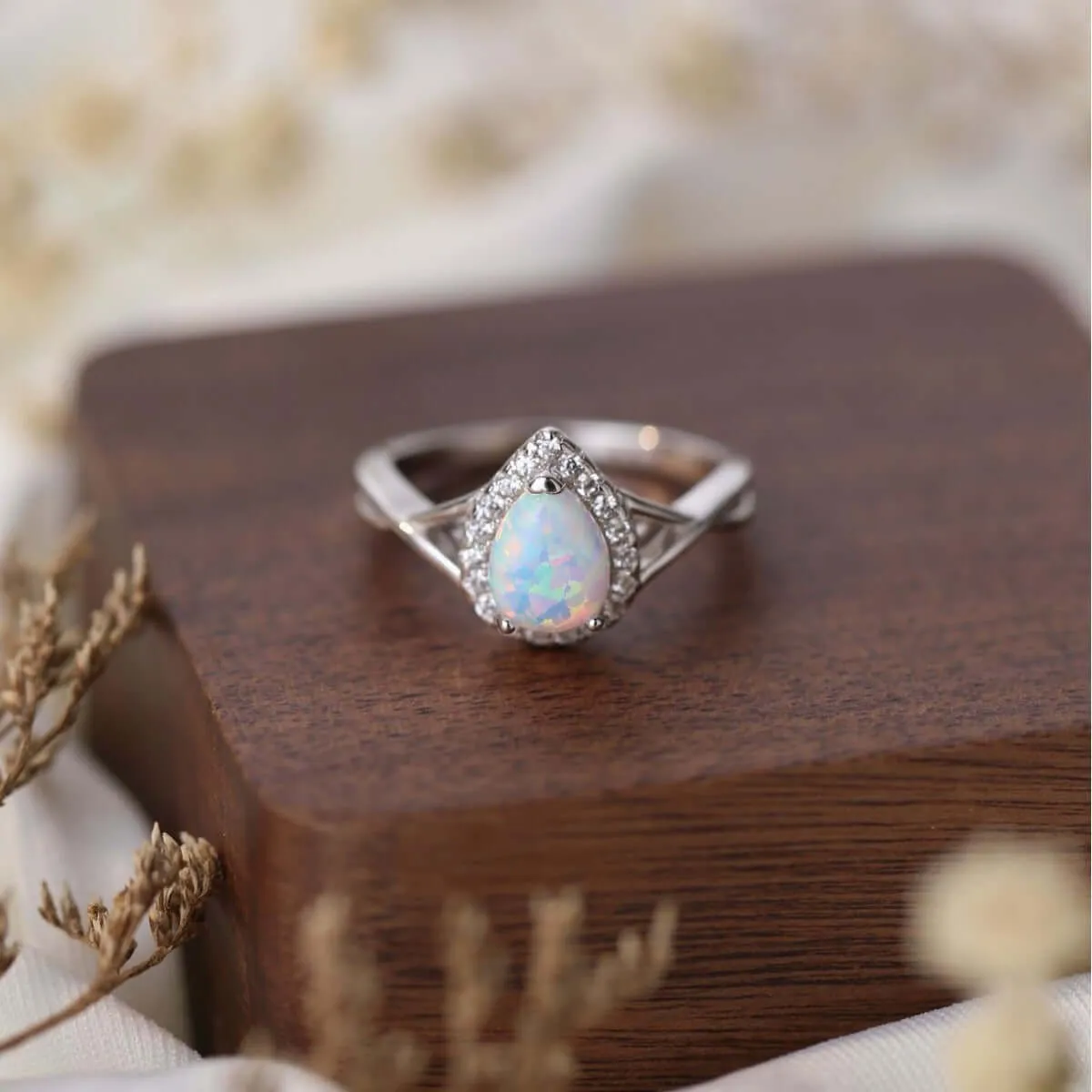 Teardrop Lab-Created Opal 925 Sterling Silver Ring