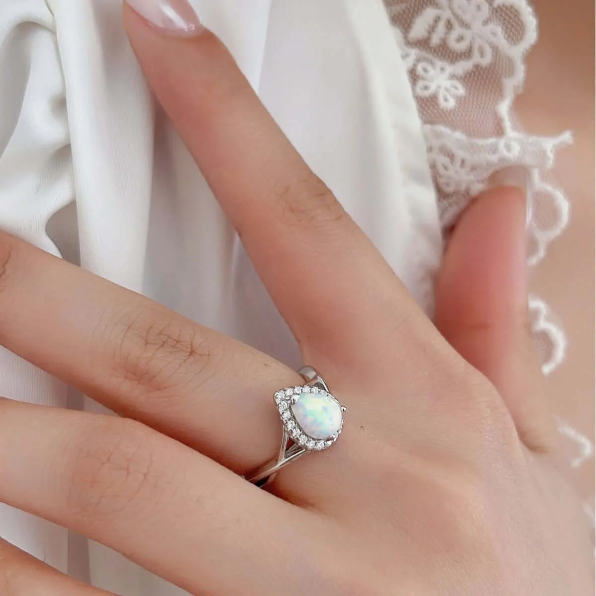 Teardrop Lab-Created Opal 925 Sterling Silver Ring