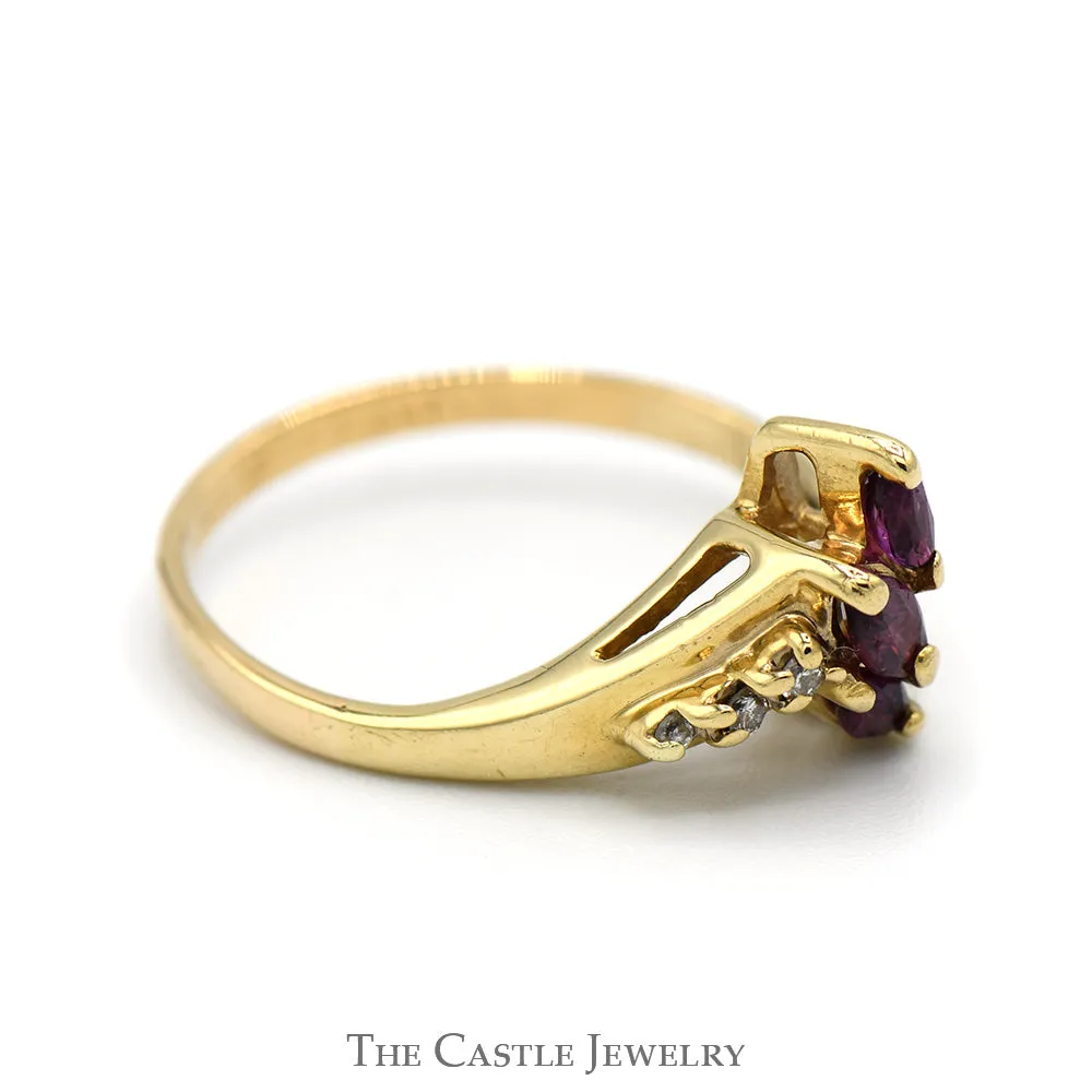 Triple Marquise Rhodalite Garnet Ring with Diamond Accents in 14k Yellow Gold Split Shank V Shaped Setting