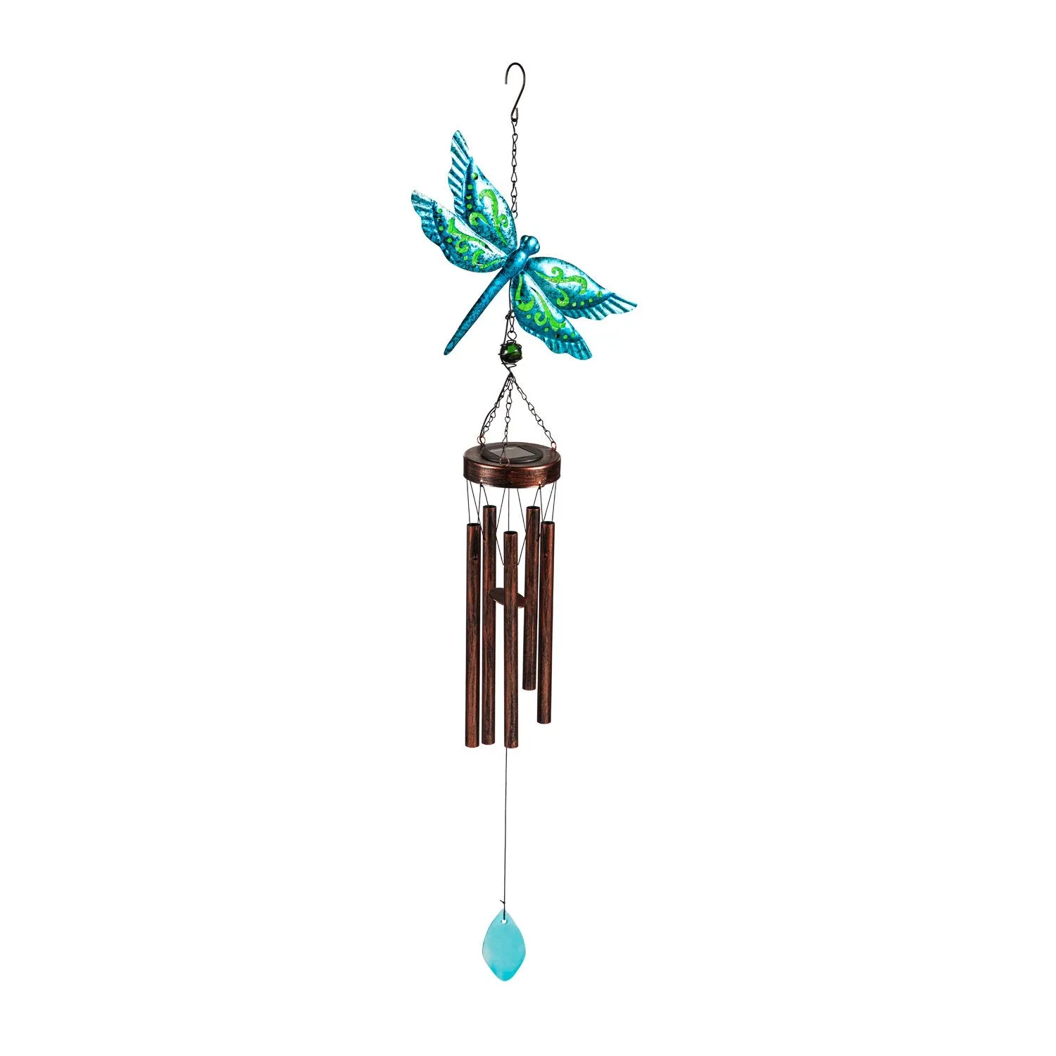 Twinkling Light Solar Glass and Metal Wind Chime, Dragonfly,2wc2027