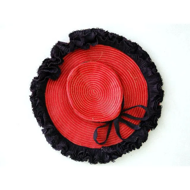 Vintage Red Straw Pancake Hat Navy Trim 1940s Louise Original