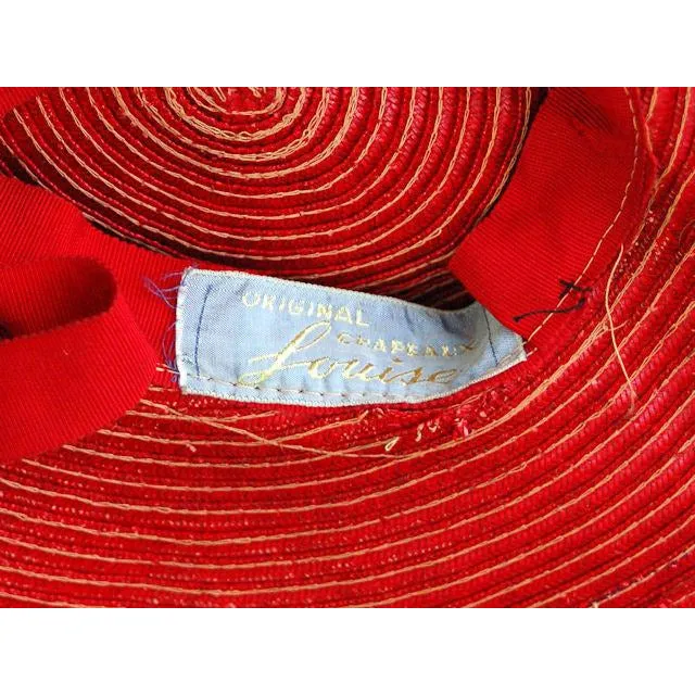Vintage Red Straw Pancake Hat Navy Trim 1940s Louise Original
