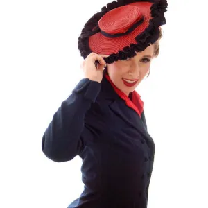 Vintage Red Straw Pancake Hat Navy Trim 1940s Louise Original